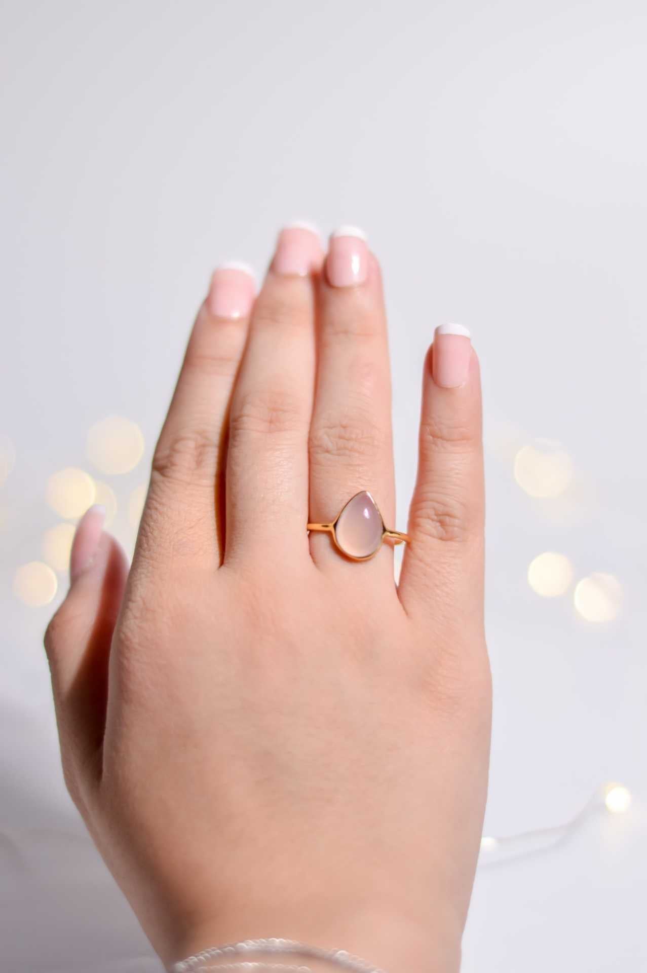 12 x 8 mm Pear cut Pink Chalcedony Cabochon Ring