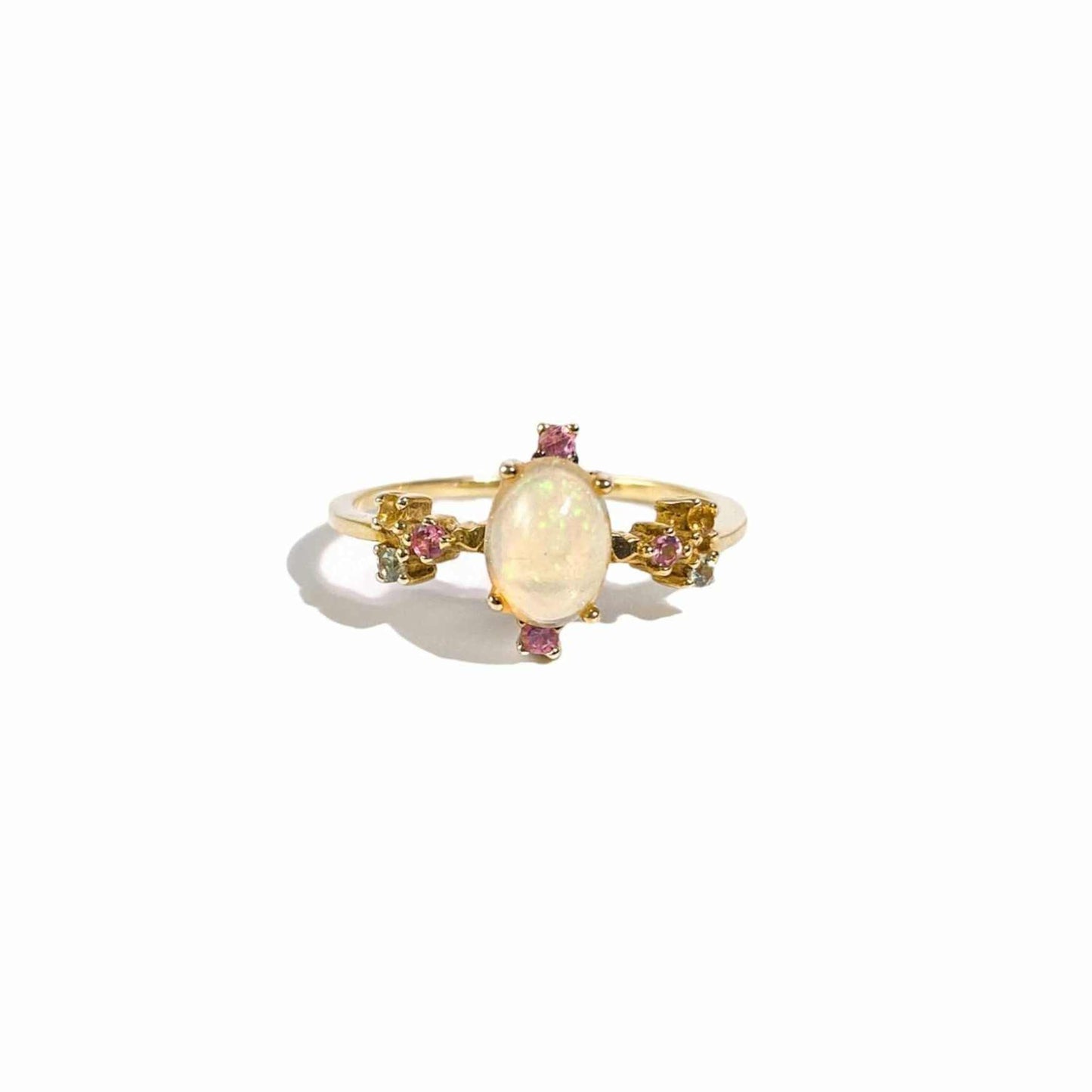 7 x 5 mm Oval Opal Cabochon with Satellite Yellow Sapphire, Pink Tourmaline, Peridot Ring