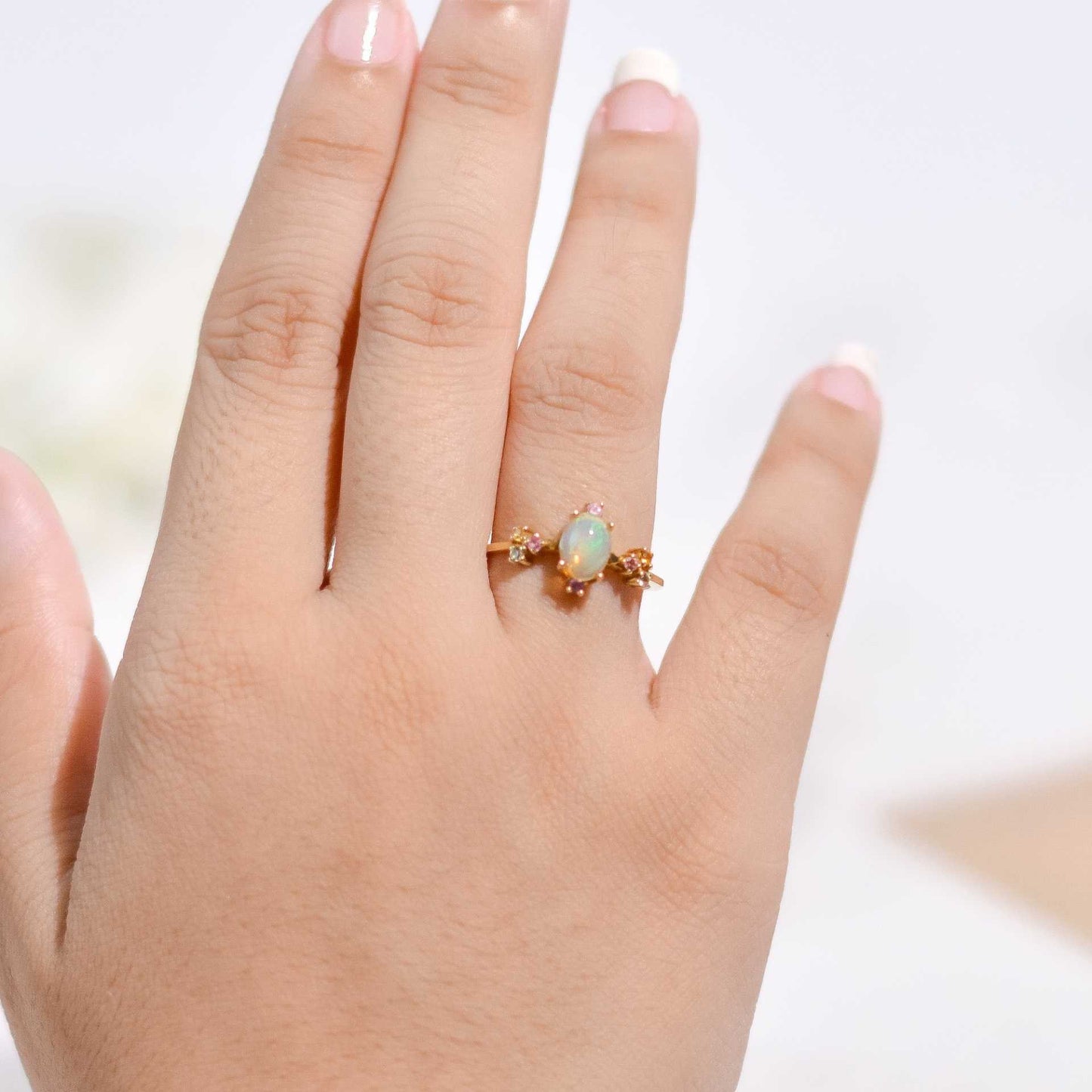 7 x 5 mm Oval Opal Cabochon with Satellite Yellow Sapphire, Pink Tourmaline, Peridot Ring