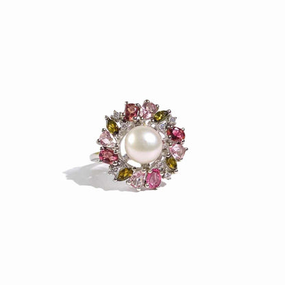 7.5 mm Pearl with 3mm Dark Pink, Light Pink & Dark Green Tourmaline Halo