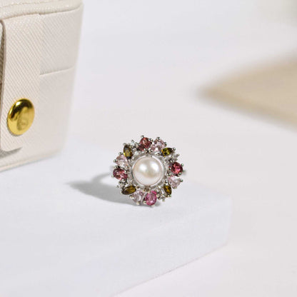 7.5 mm Pearl with 3mm Dark Pink, Light Pink & Dark Green Tourmaline Halo
