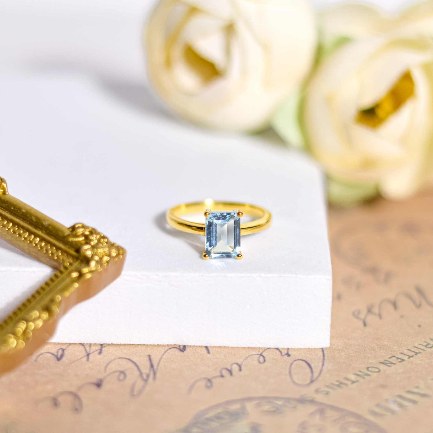8 x 6 mm Baguette cut Blue Topaz Ring