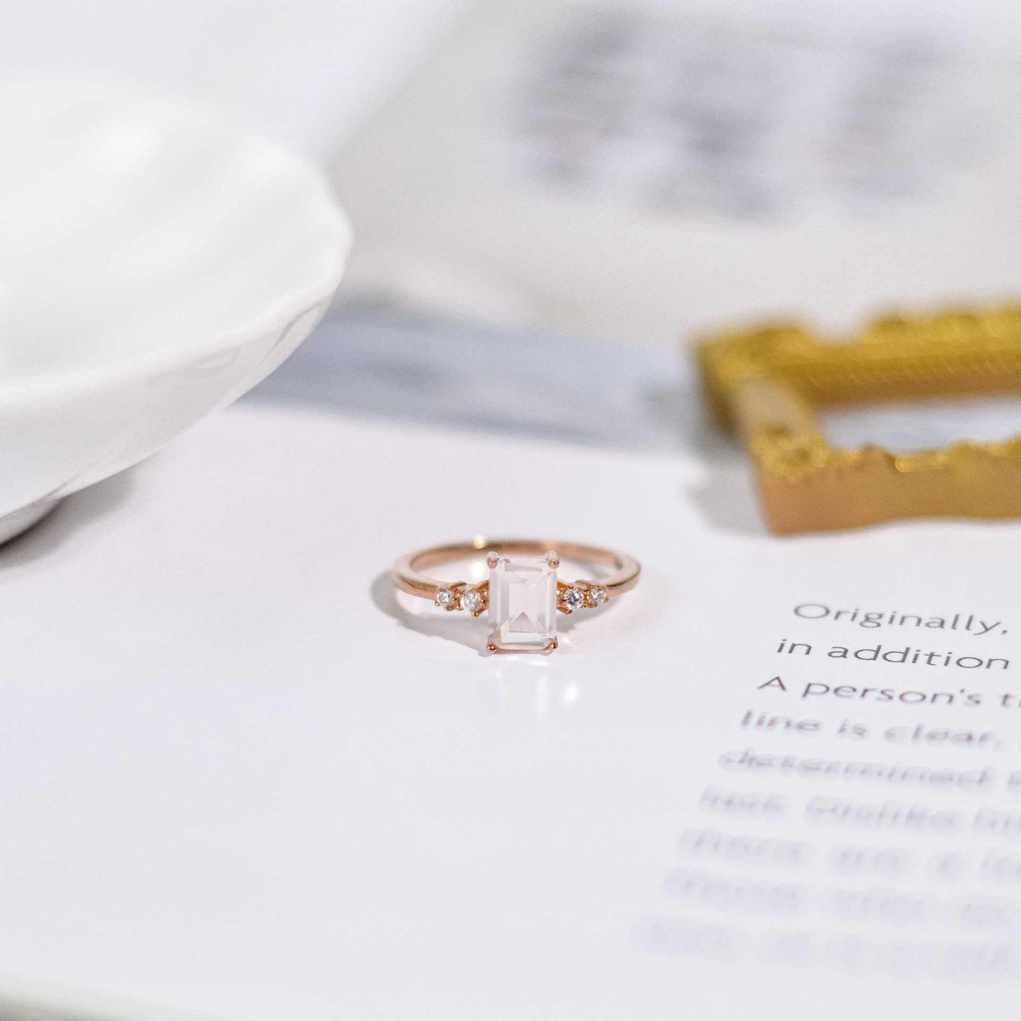 7 x 5 mm Baguette cut Rose Quartz with 2 side stones Ring