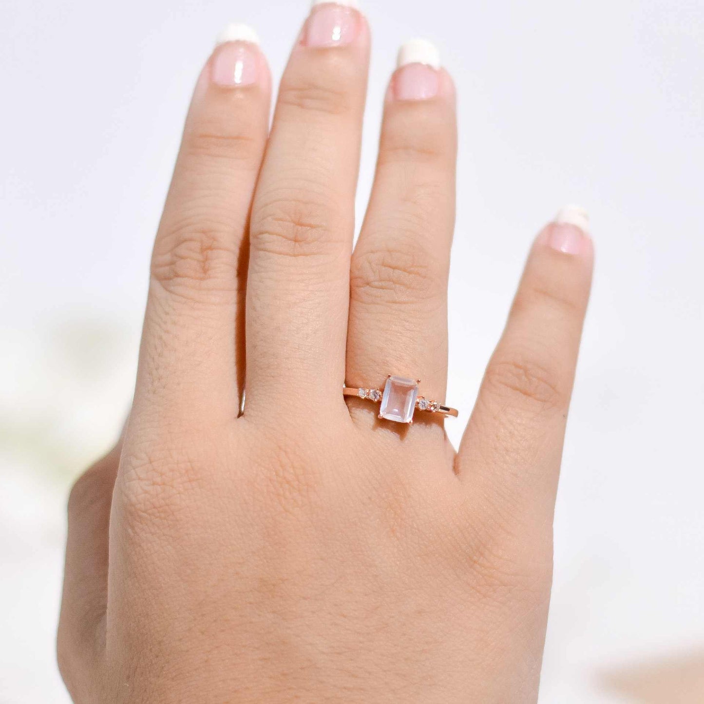 7 x 5 mm Baguette cut Rose Quartz with 2 side stones Ring