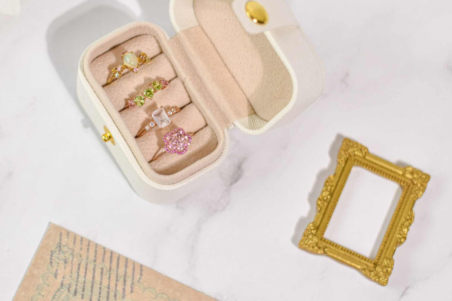 7 x 5 mm Baguette cut Rose Quartz with 2 side stones Ring
