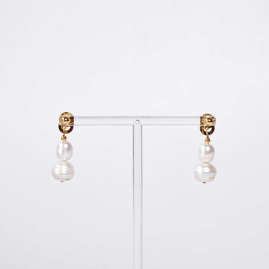 White oval and siopao dangling pearls yellow gold plated earrings